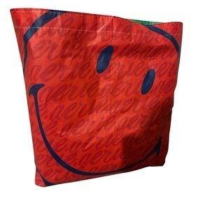 Aerie Red/Green Reusable Shopping  Tote with Blue Smiley Face